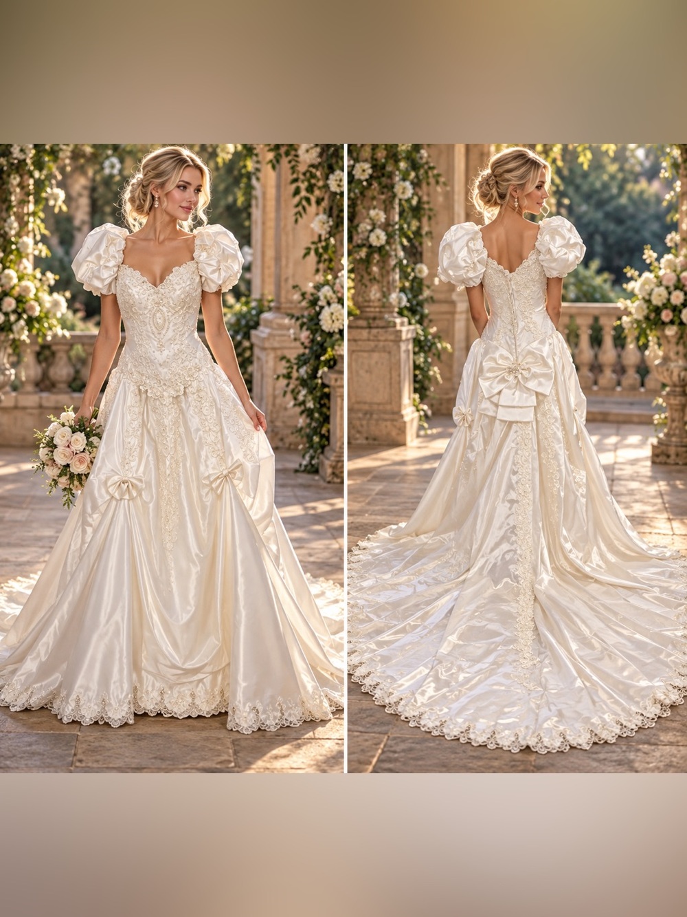Vintage “J4” Alfred Angelo Wedding Gown Beaded Satin Puff Sleeve Cathedral Train